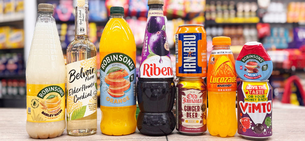 A selection of British brand cordials including Ribena, Rose's Lime, Belvoir and Robinson's