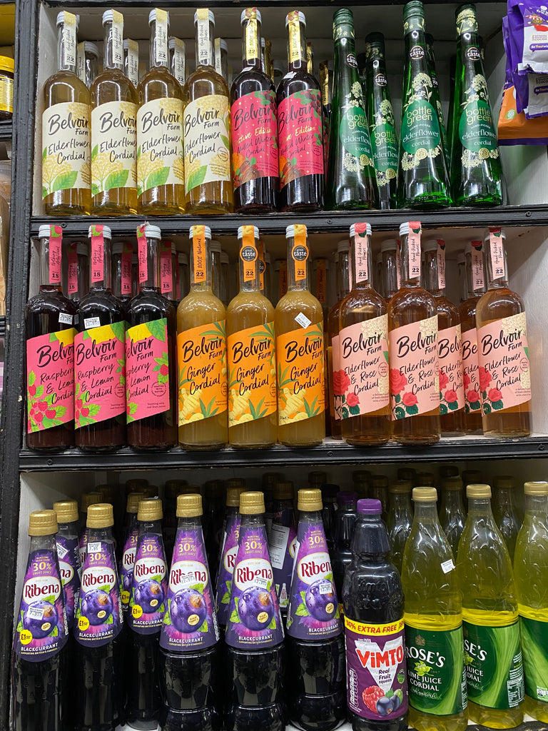 A selection of British brand cordials including Ribena, Rose's Lime, Belvoir and Robinson's