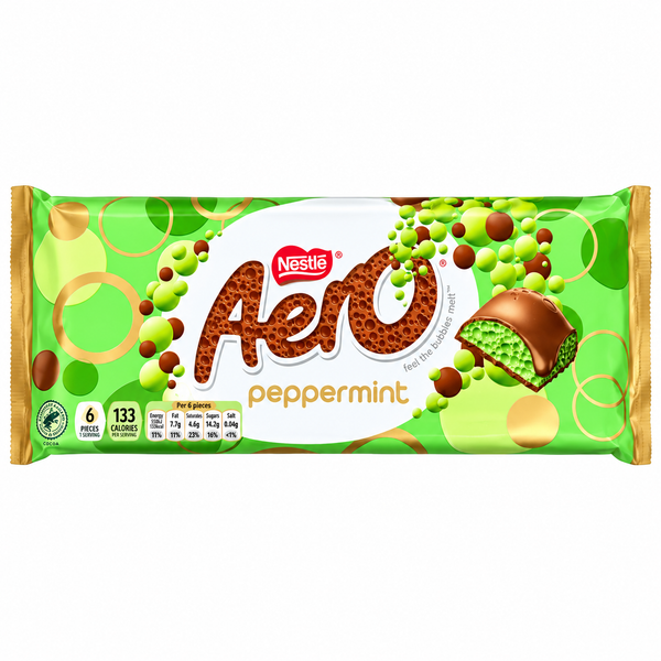 A package of Nestlé Aero Peppermint chocolate wafers, featuring a bright green wrapper with illustrations of peppermint candies, a chocolate-covered peppermint cookie, and the Nestlé Aero logo.