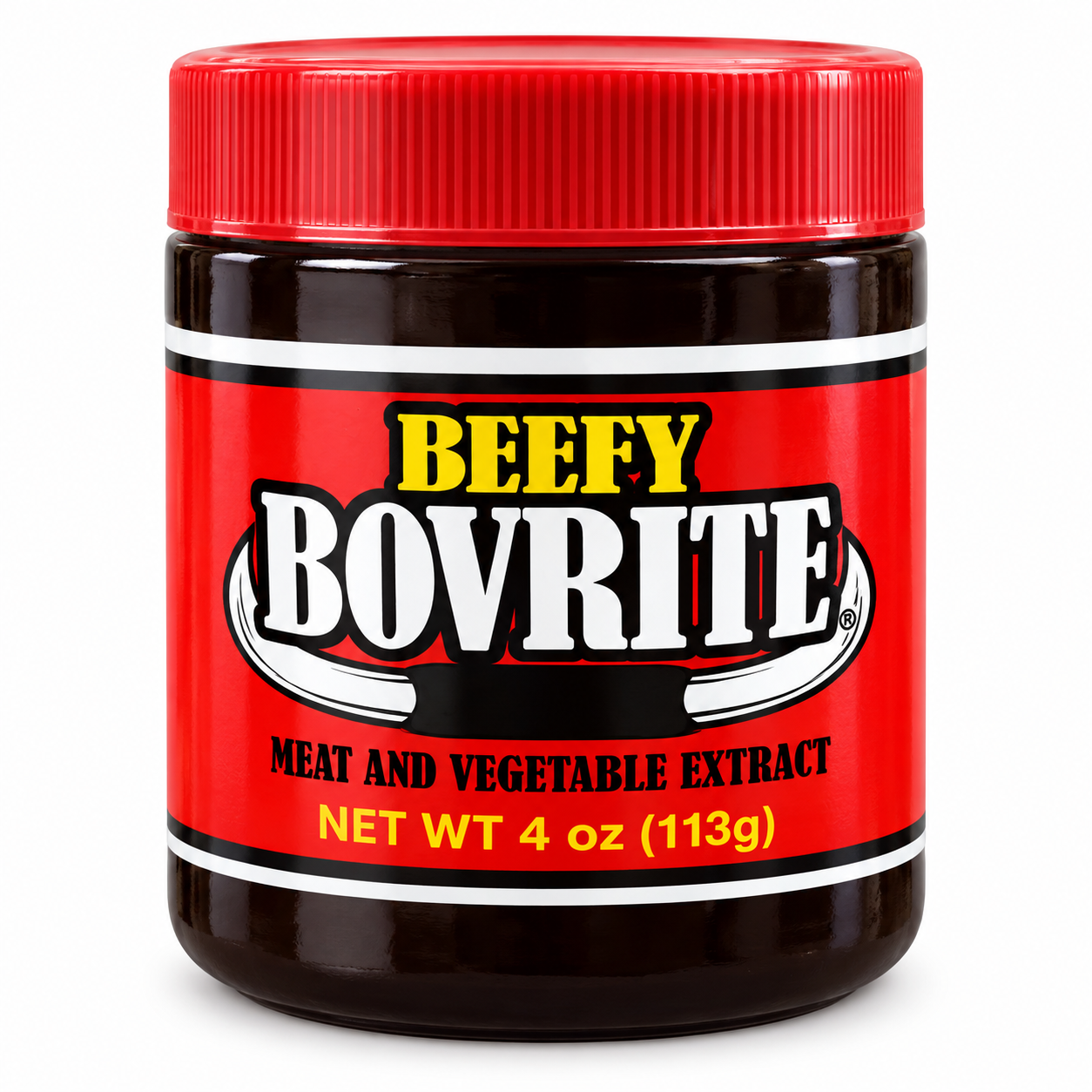 A 4 oz jar of Beefy Bovrite Meat and Vegetable Extract, featuring a bright red ribbed lid and a red label with bold white and yellow lettering, set against a plain white background.