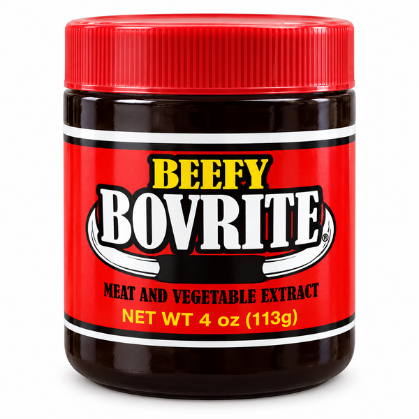 A 4 oz jar of Beefy Bovrite Meat and Vegetable Extract, featuring a bright red ribbed lid and a red label with bold white and yellow lettering, set against a plain white background.