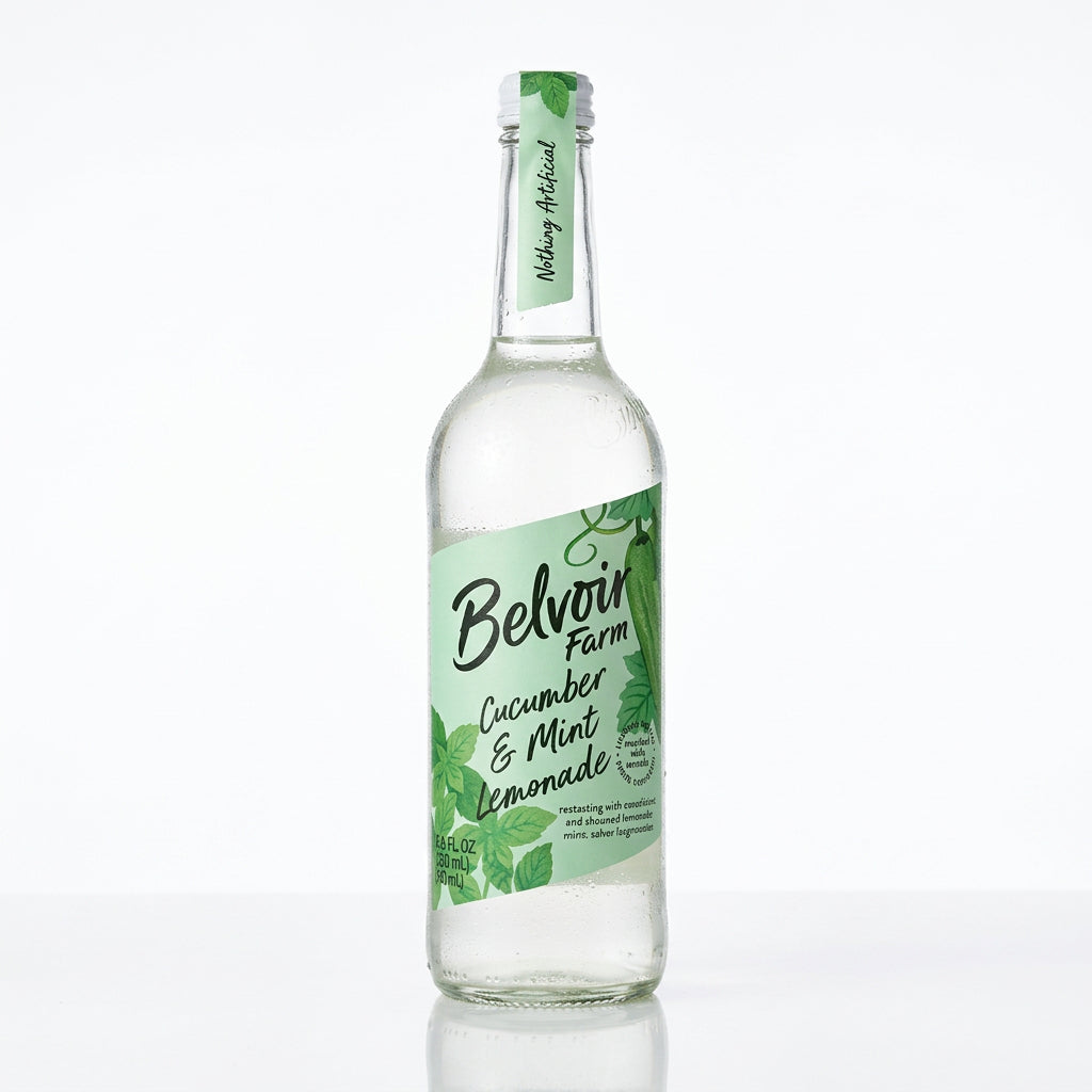 A bottle of Belvoir Cucumber & Mint Presse with a white label, displaying the product name and cucumber and mint illustrations.