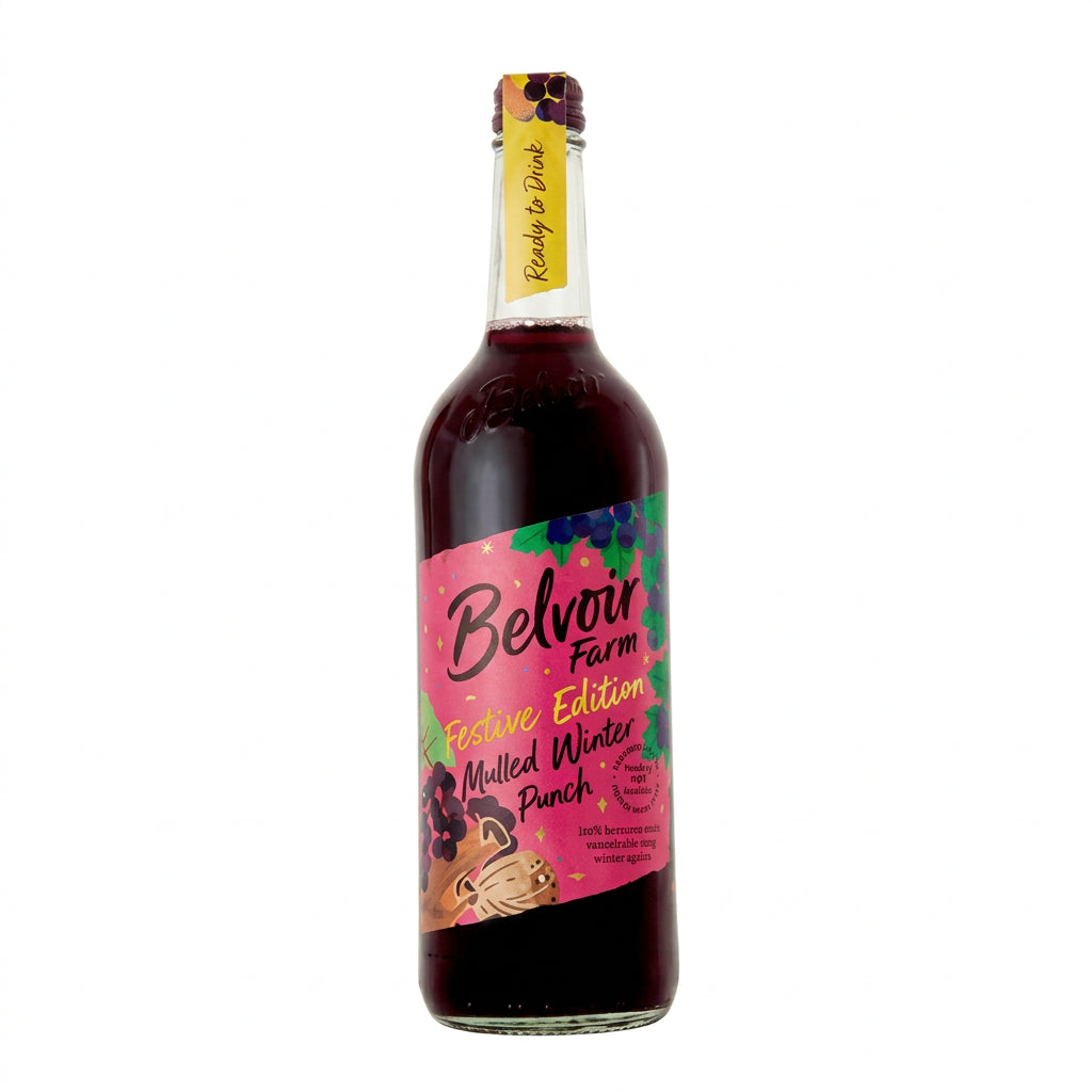 A bottle of Belvoir Non-alcoholic Mulled Winter Juice Punch with a label featuring pink and green colors and text.
