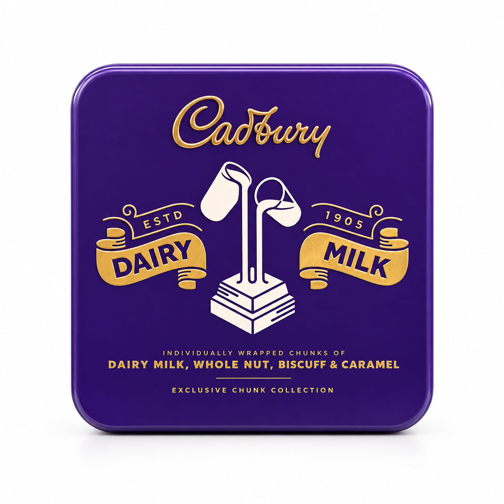 A square purple Cadbury Dairy Milk tin with gold lettering and an illustration of a milk carton, sitting on a scale in a store setting.