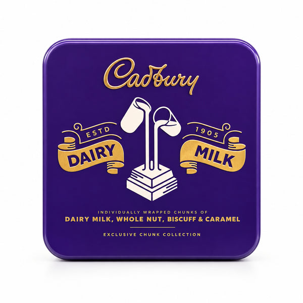A square purple Cadbury Dairy Milk tin with gold lettering and an illustration of a milk carton, sitting on a scale in a store setting.