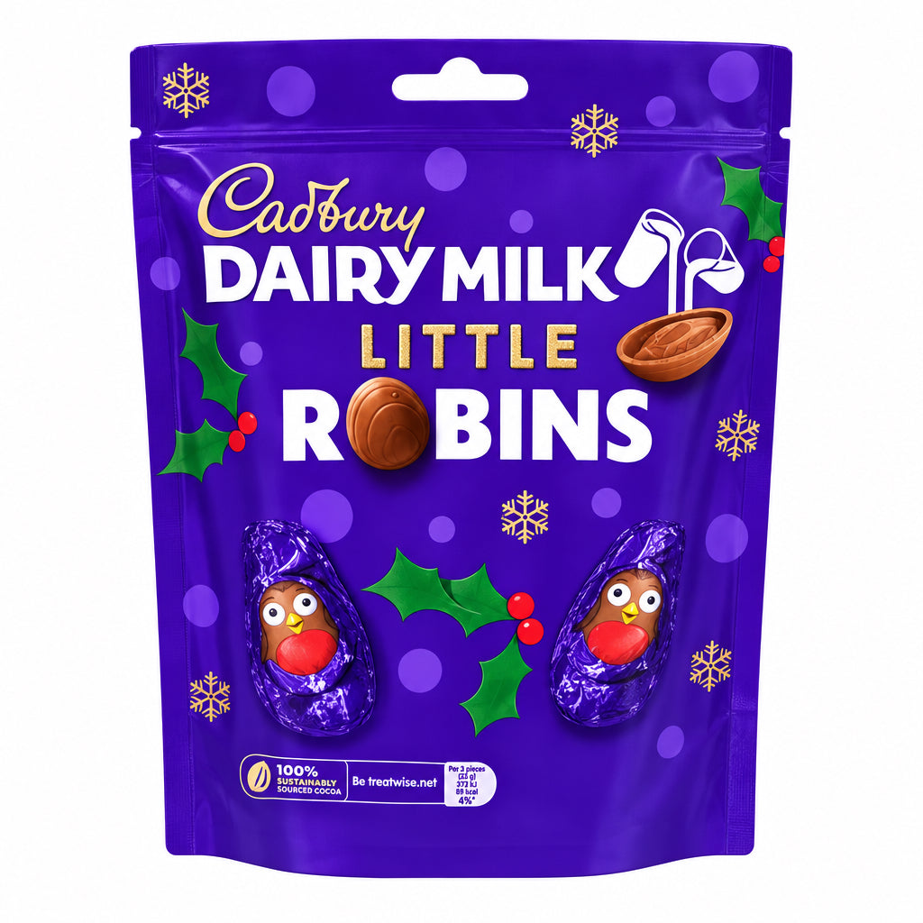 A purple bag of Cadbury Dairy Milk Little Robins chocolate treats on a countertop, with a blurred red shopping basket in the background.