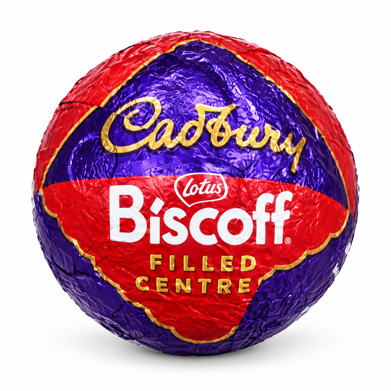 A round Cadbury Biscoff Filled Centre chocolate wrapped in metallic foil, featuring a red and purple design with gold and white lettering, isolated on a white background.