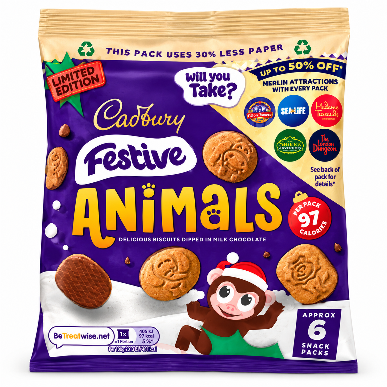 A bag of Cadbury Festive Animals limited edition biscuits, featuring a purple and gold packaging design with illustrations of chocolate-dipped biscuits and a cartoon monkey in a Santa hat.