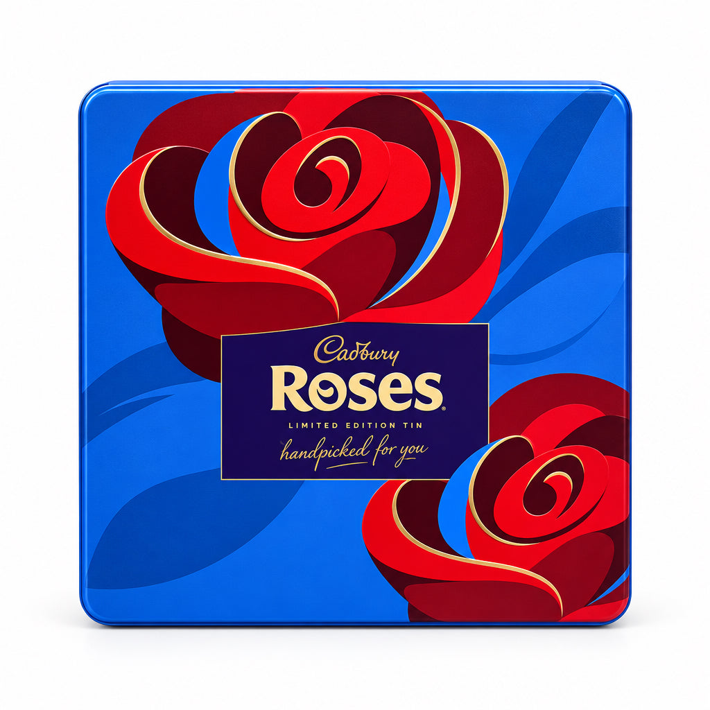 Cadbury Roses chocolate tin box with red rose graphics on a blue background, placed on a tiled counter in a retail store with shelves of products blurred in the background.