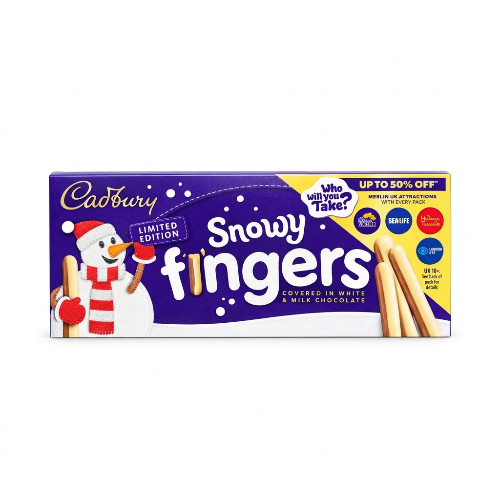 A box of Cadbury Snowy Fingers covered in white and milk chocolate, featuring a purple background with a cartoon snowman and holiday-themed promotional text.