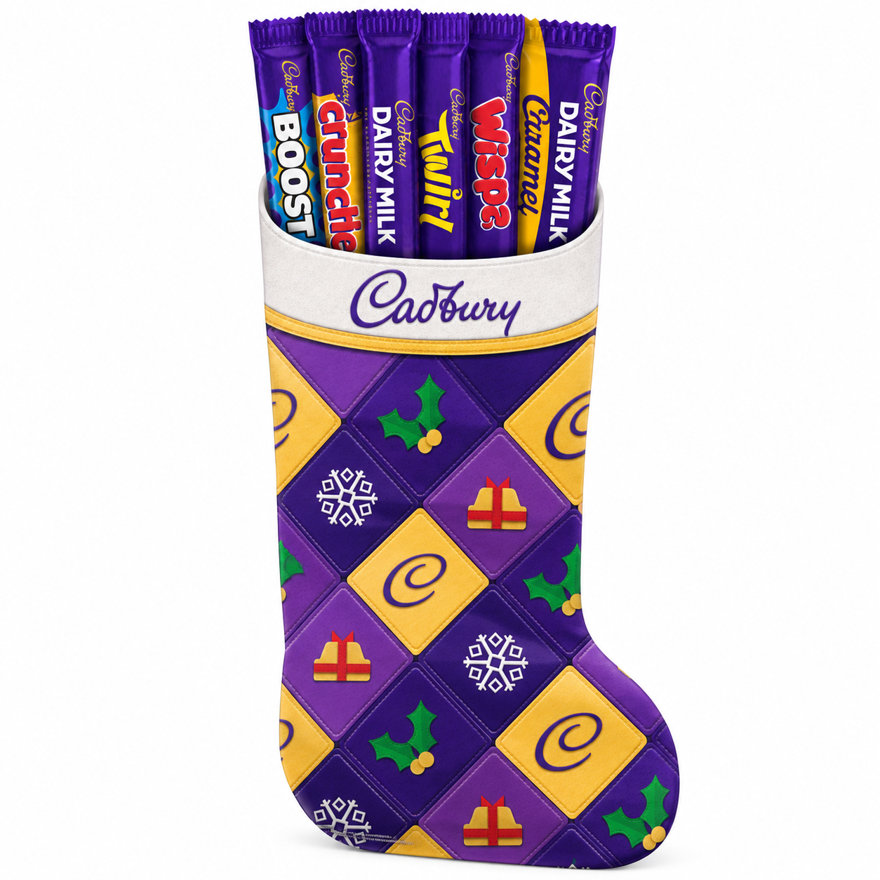 A purple and yellow Christmas stocking filled with assorted Cadbury Dairy Milk chocolates, including Boost, Crunch, Willy, and Whiskers, on a white background.