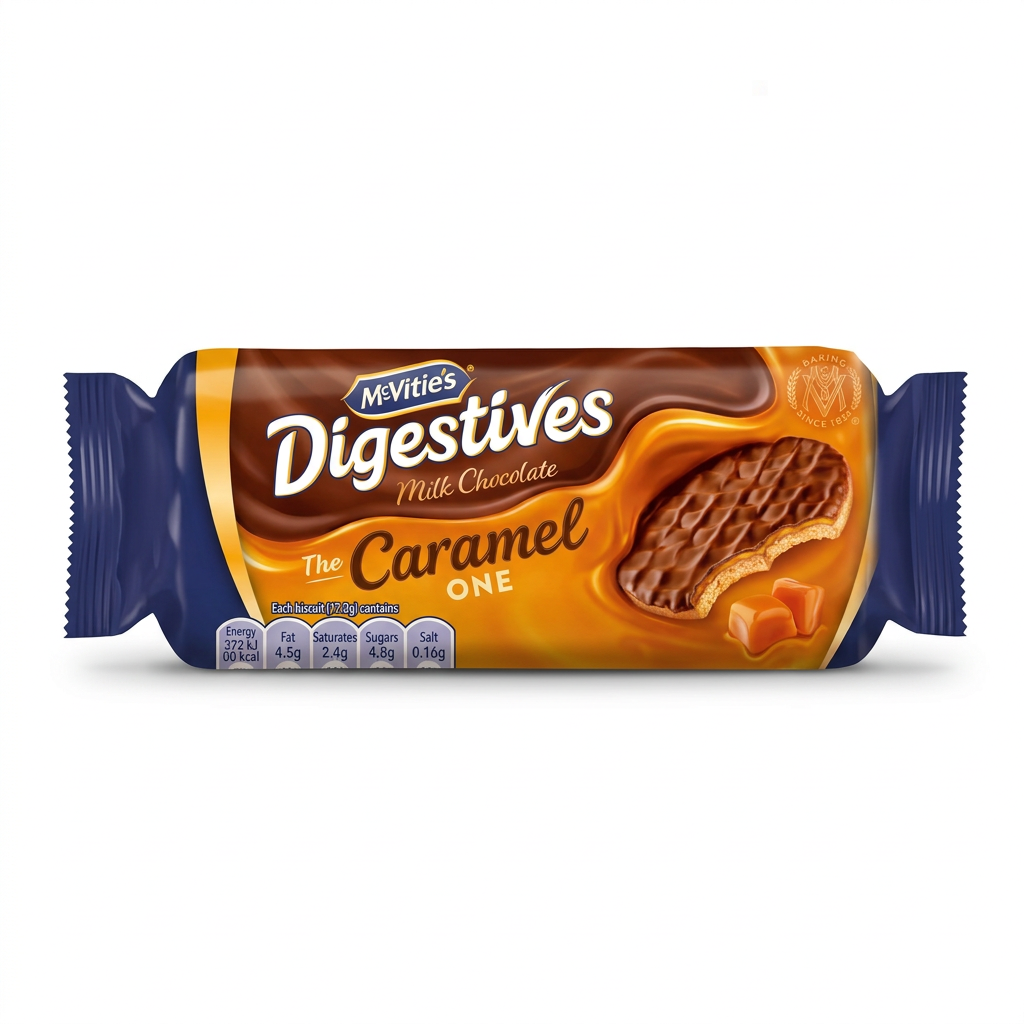 Packaging of McVitie's Digestives Milk Chocolate The Caramel One, displaying the biscuit with caramel filling and the brand's logo.