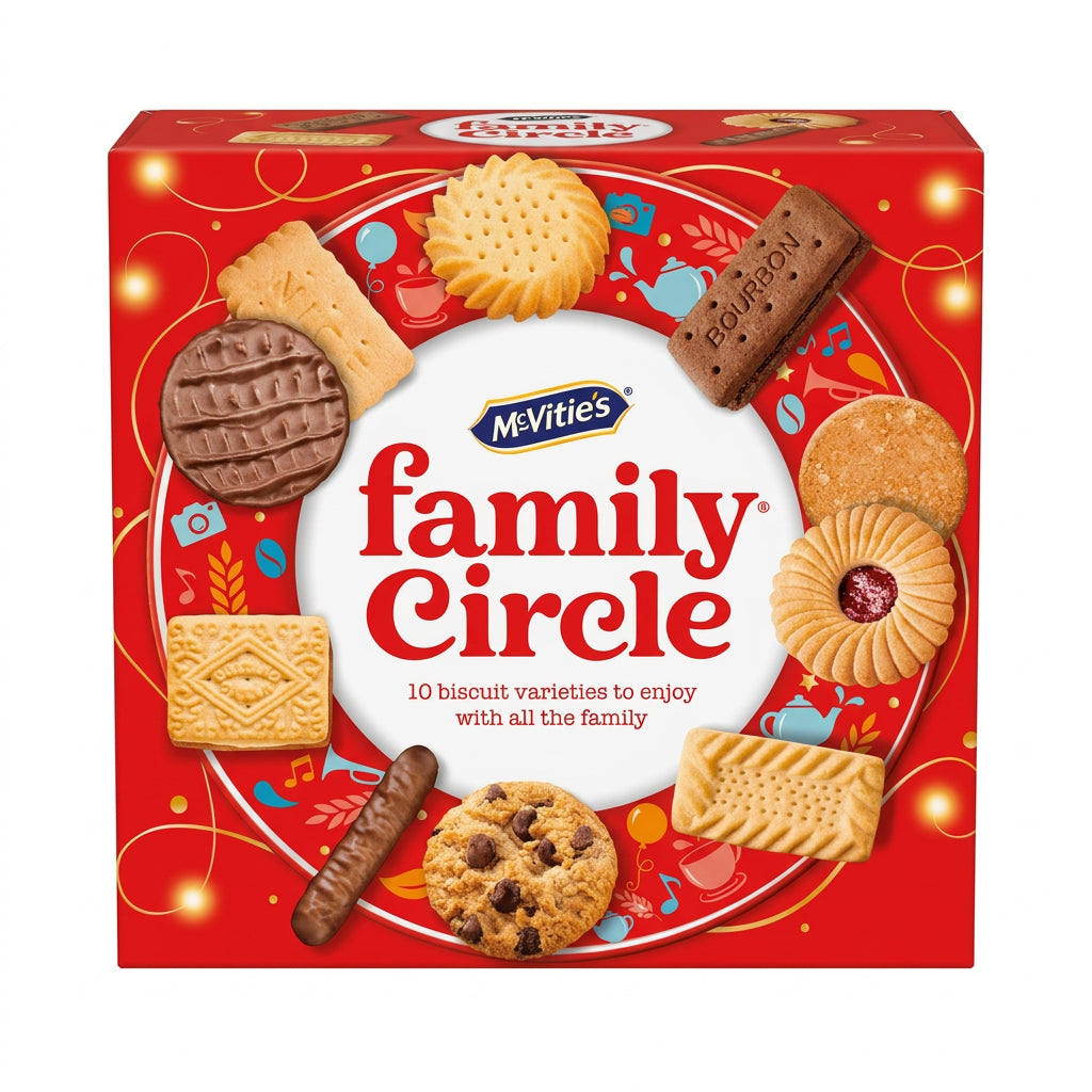 A box of McVitie's Family Circle biscuits displayed on a wooden shelf. The packaging is predominantly red with a large white circle in the center featuring the brand name 'McVitie's' and 'family Circle' in red text, surrounded by illustrations of various biscuit shapes and sizes.