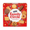 A box of McVitie's Family Circle biscuits displayed on a wooden shelf. The packaging is predominantly red with a large white circle in the center featuring the brand name 'McVitie's' and 'family Circle' in red text, surrounded by illustrations of various biscuit shapes and sizes.