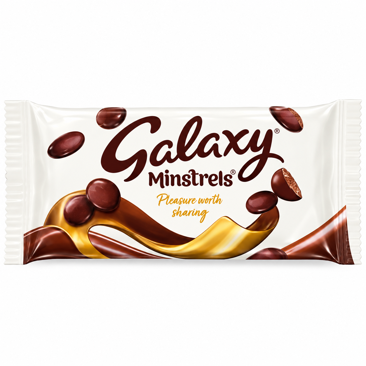 A wrapped Galaxy Minstrels chocolate bar on a clean white background. The packaging is white with dark brown and gold chocolate graphics, featuring the brand name 'Galaxy Minstrels' and the tagline 'Pleasure worth sharing'.