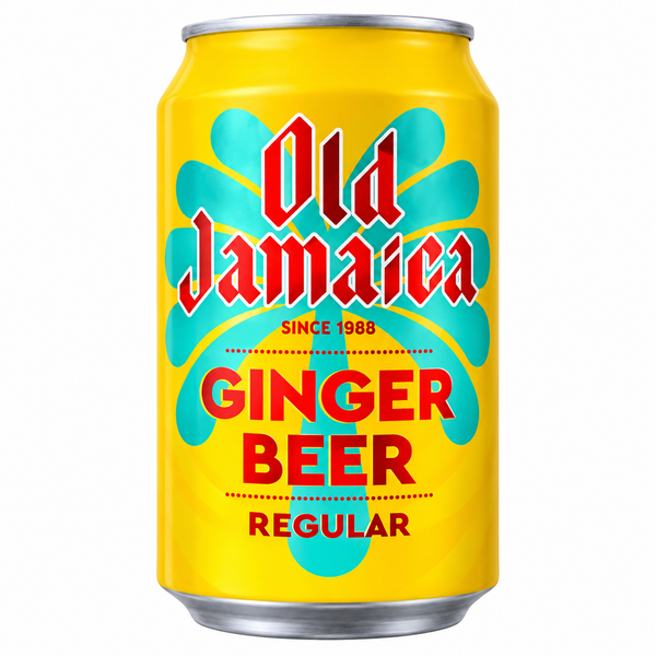 A yellow aluminum can of Old Jamaica Ginger Beer Regular with red and turquoise branding on a white background.