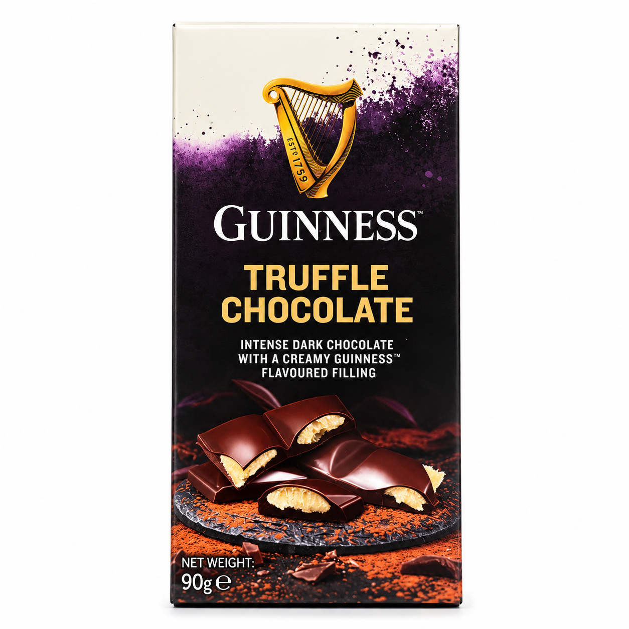 Guinness Truffle Chocolate 90g box, featuring the iconic gold harp logo and dark chocolate imagery on a black and purple background.