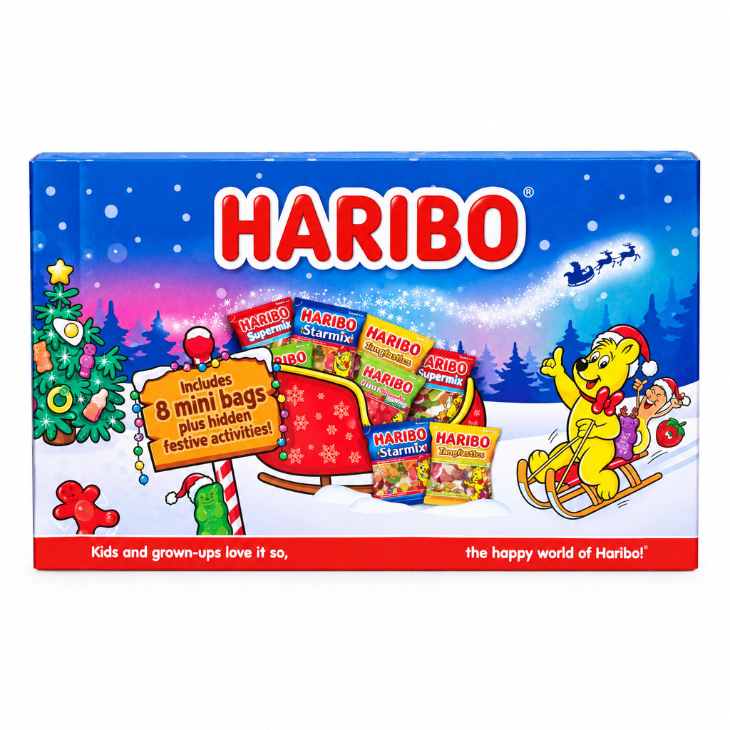 Haribo Christmas Advent Box featuring a festive blue and red box with illustrations of the Haribo character, Santa, and holiday decorations. The packaging displays 'HARIBO' in large red letters and shows included mini bags of candy.