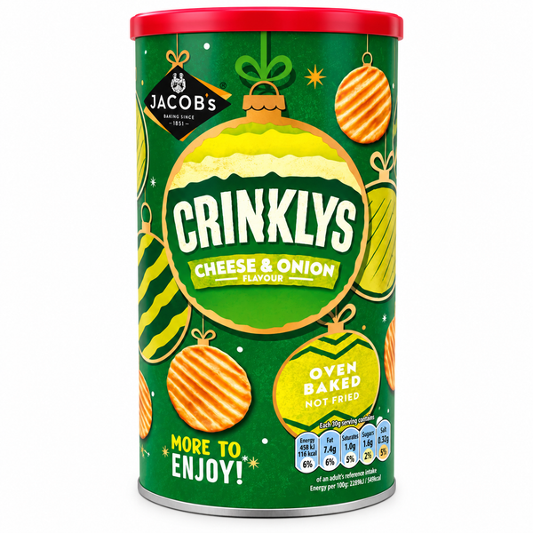 A cylindrical tin of Jacobs Crinklys Cheese & Onion crisps, featuring a festive green Christmas ornament-themed label with illustrations of striped golden-brown crisps.