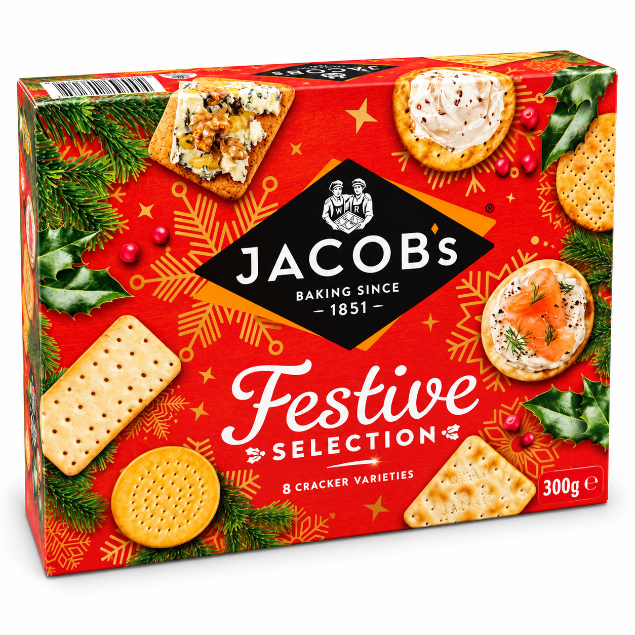 A 300g box of Jacobs Baking Since 1851 'Festive Selection' cracker varieties, featuring a festive red box decorated with illustrations of holiday crackers, holly, pine branches, and red berries.