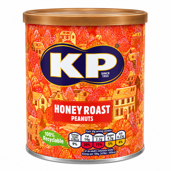 A canister of KP Honey Roast Peanuts, featuring a vibrant orange and red illustrated label with a gold lid, on a plain white background.