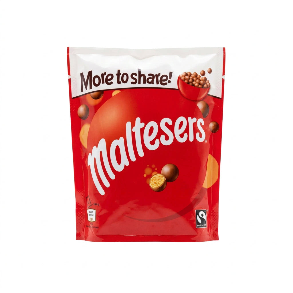 A red stand-up pouch of Maltesers chocolate malt balls with the words 'More to share!' at the top, photographed on a clean white background.