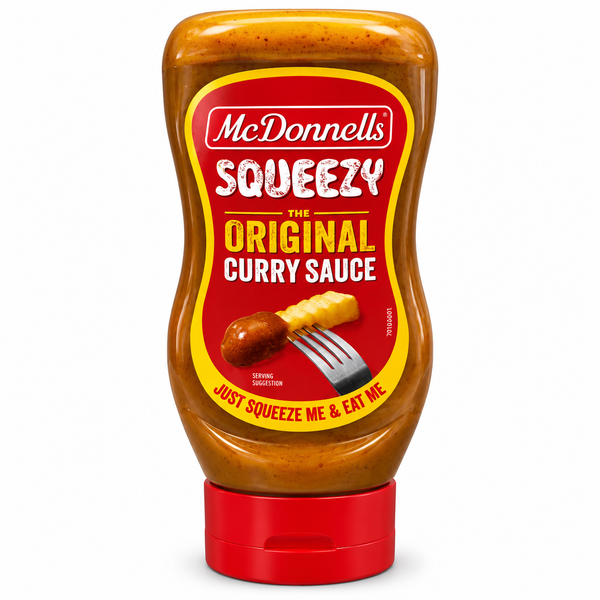 A squeeze bottle of McDonnell's Squeezy Original Curry Sauce on a plain white background. The bottle is filled with orange-brown curry sauce and features a red and yellow label with the brand name 'McDonnell's' and product name 'Squeezy'.