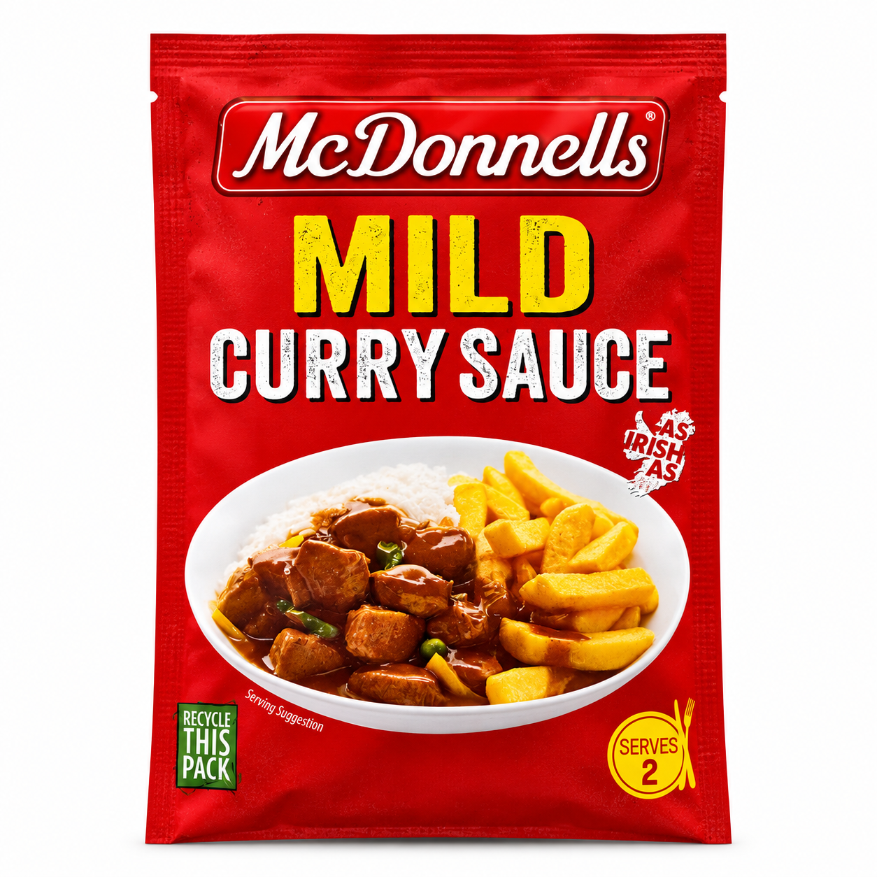A red McDonald's Mild Curry Sauce packet on a white background, featuring a bowl of curry with rice and fries on the front.