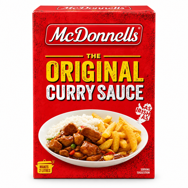 A red box of McDonnells Original Curry Sauce, featuring the brand logo in white on a red background, with yellow and white text. The front of the packaging displays a bowl of curry sauce with rice and fries, and includes a badge that says 'As Irish As'.