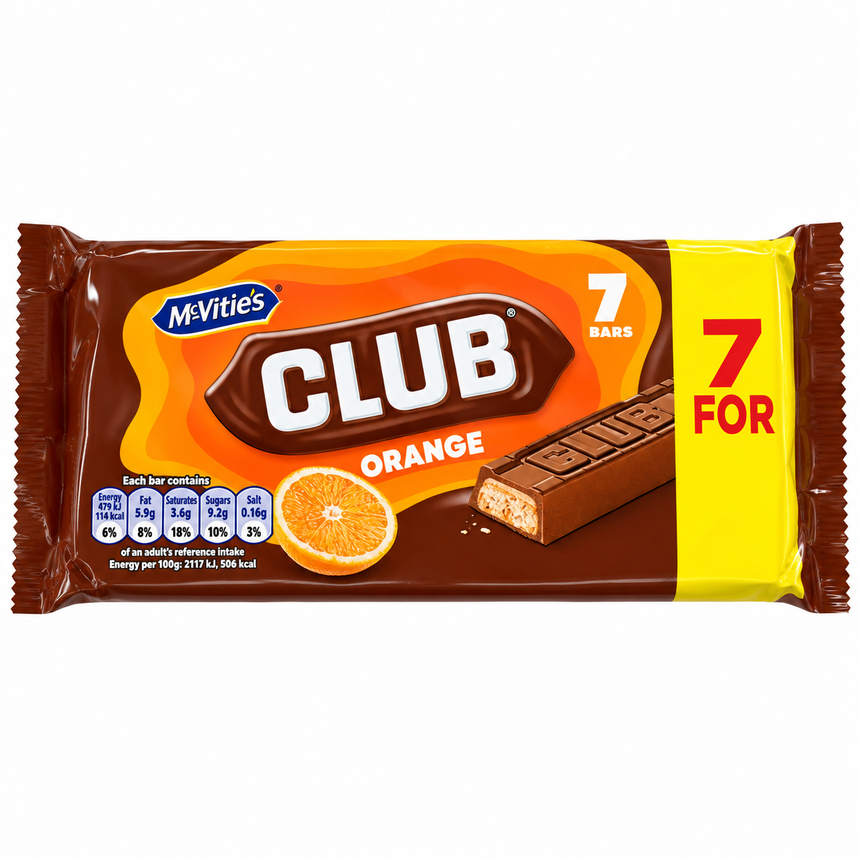 A package of McVities Club Orange 7-bar chocolate snack, featuring a brown wrapper with orange accents, an orange slice graphic, and a chocolate bar piece on a yellow side panel.