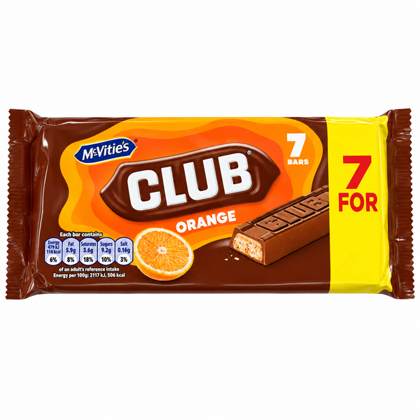 A package of McVities Club Orange 7-bar chocolate snack, featuring a brown wrapper with orange accents, an orange slice graphic, and a chocolate bar piece on a yellow side panel.