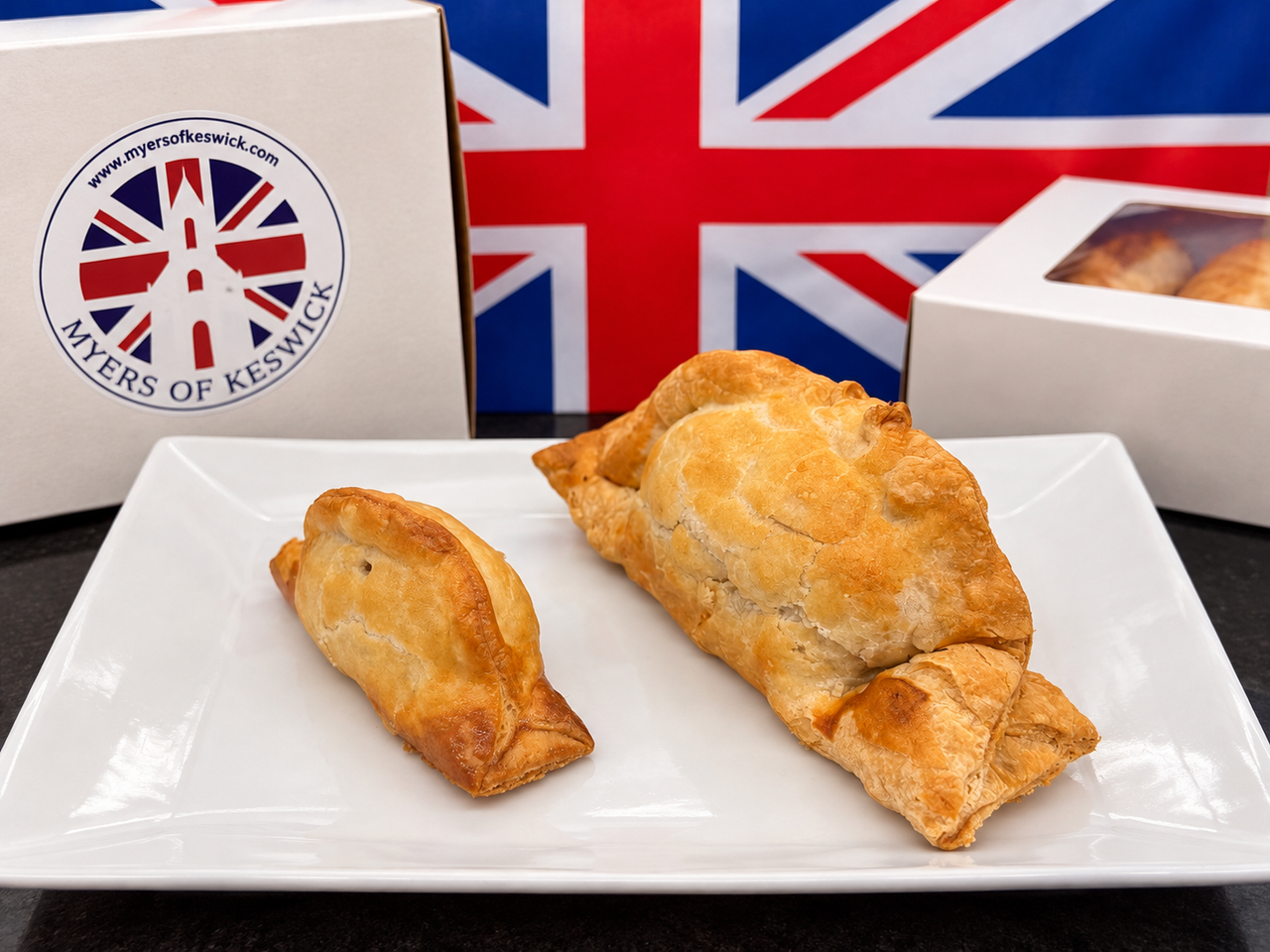 Two golden-brown baked pastries on a white square plate, with a Myers of Keswick branded box and a Union Jack flag in the background.