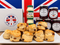 A plate of golden-brown scones with raisins in front of a white Myers of Keswick box and a Union Jack backdrop, with jars of clotted cream and fruit preserves behind them.