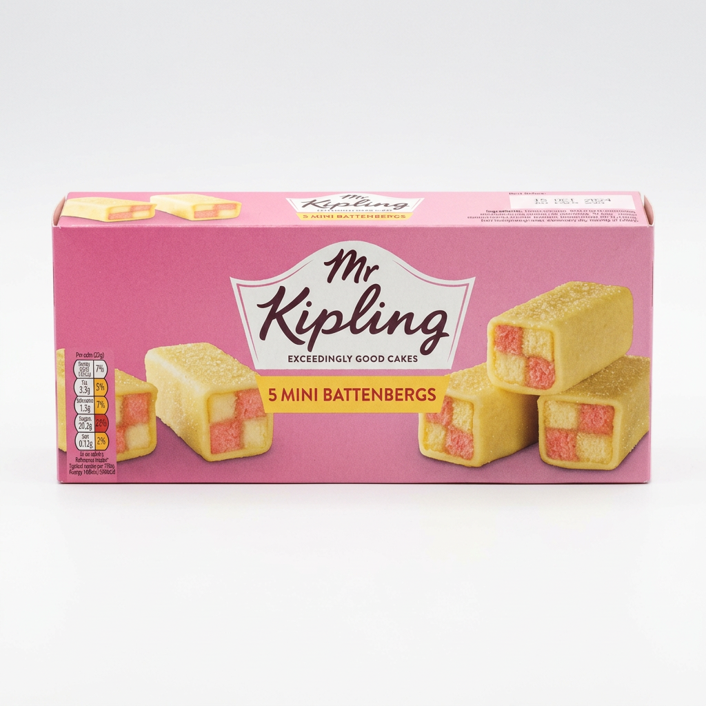 Packaging of Mr Kipling Mini Battenbergs cakes, displaying the cakes and the brand logo against a pink background.