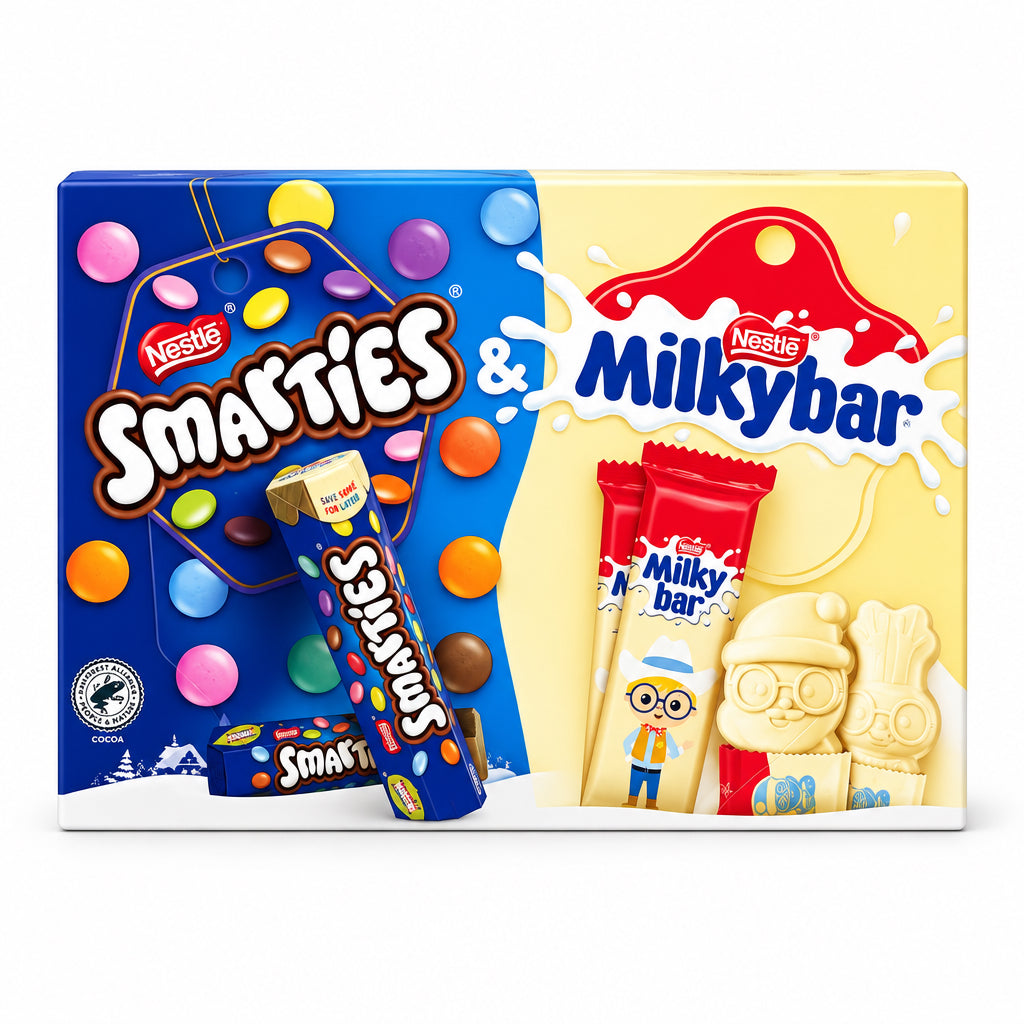 A boxed snack bundle featuring Nestle Smarties and Nestle Milkybar, placed on a wooden surface with a blurred store background.