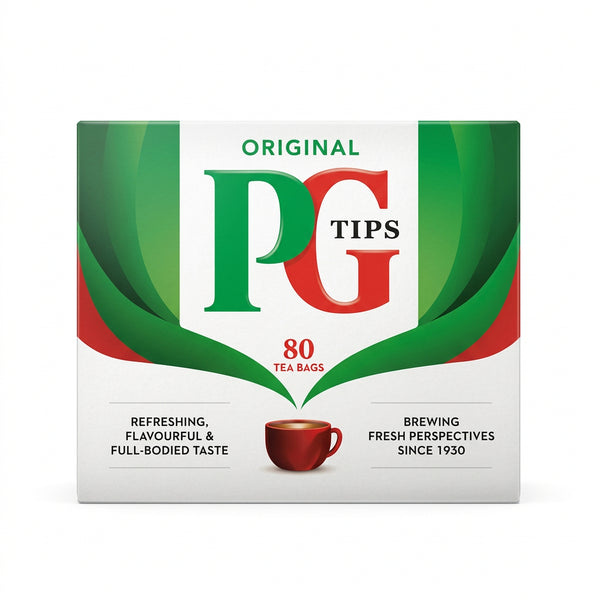 Packaging of PG Tips 80's with a green and red design featuring a cup of tea and tea leaves.