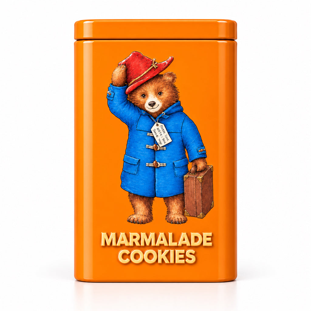 An orange rectangular tin of Paddington Bear Marmalade Cookies sits on a marble countertop with a blurred wooden background. The tin features an illustration of Paddington in his signature blue duffle coat and red hat, with the text 'MARMALADE COOKIES' printed at the bottom.
