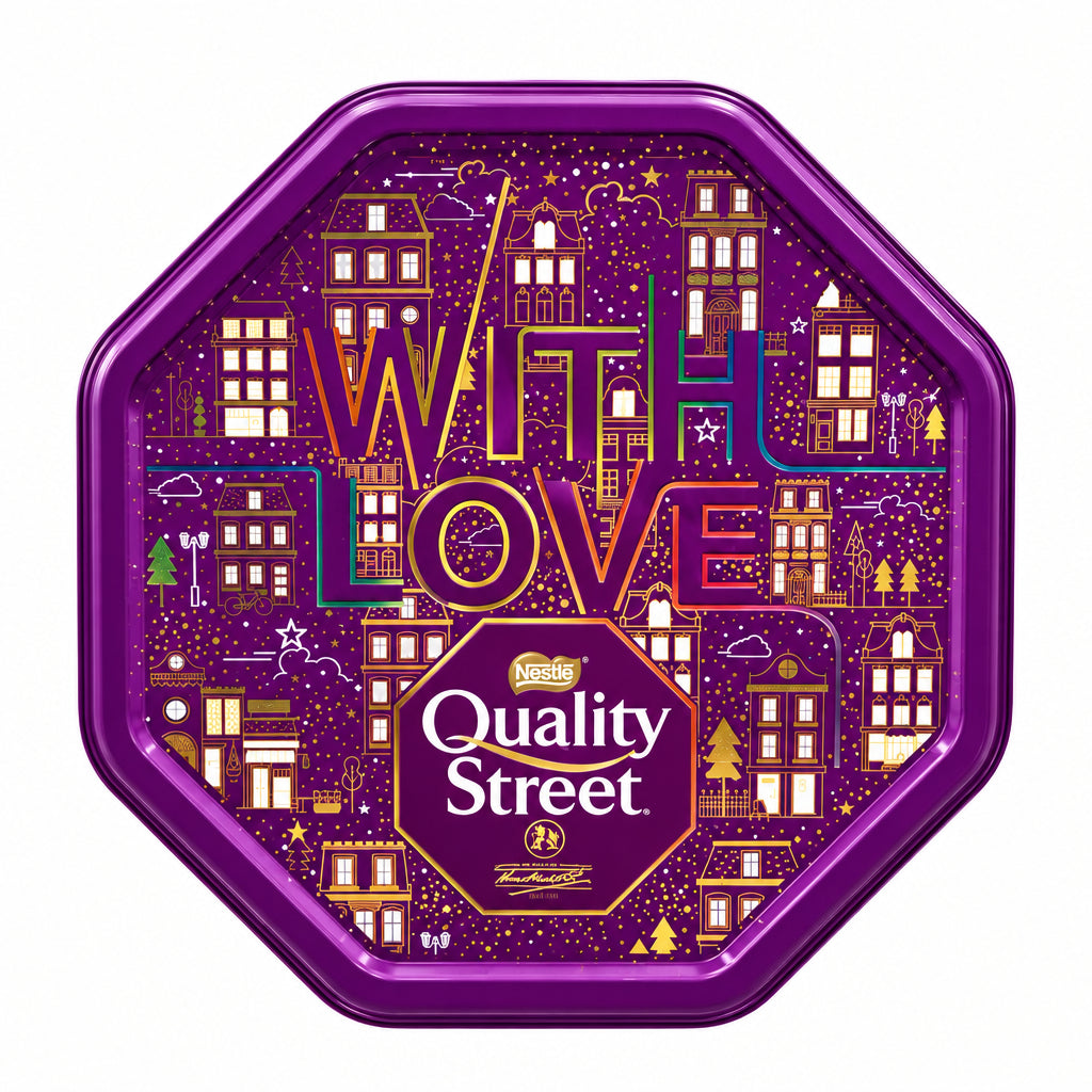 An octagonal purple tin for Quality Street chocolates, featuring a whimsical cityscape illustration with the words 'WITH LOVE' in colorful lettering and the brand logo 'Quality Street' at the bottom.