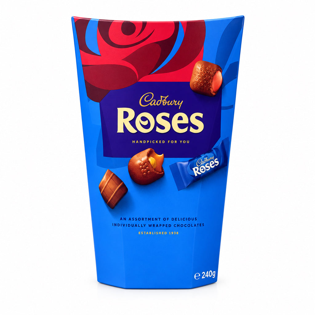A 240g bag of Cadbury Roses chocolates standing on a stone countertop with a blurred kitchen background.
