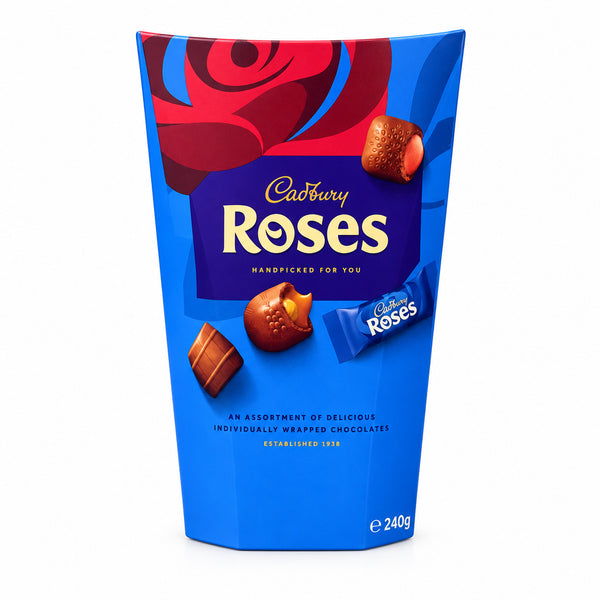 A 240g bag of Cadbury Roses chocolates standing on a stone countertop with a blurred kitchen background.