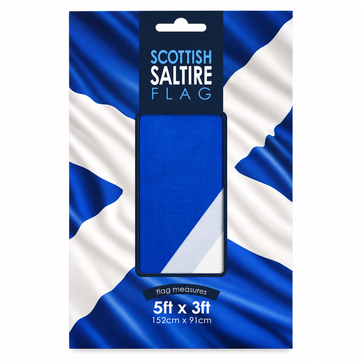 A packaged Scottish Saltire flag shown in retail packaging with a blue fabric sample window and text reading 'SCOTTISH SALTIRE FLAG' and '5ft x 3ft'. The background is the flag design itself, and no person or real environment is present.