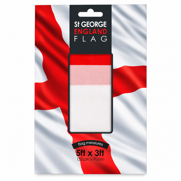 St George England flag in retail packaging, showing a small red and white fabric flag centered on a St George's cross background. Text on the package reads 'St George England Flag' and 'flag measures 5ft x 3ft 152cm x 91cm'.