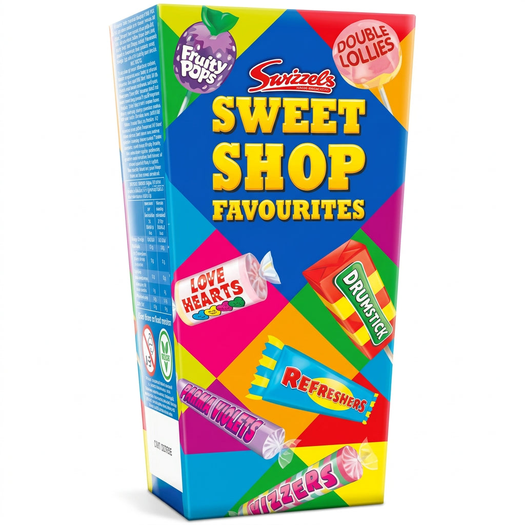 Swizzles Sweet Shop Favourites candy box with colorful design on a white background