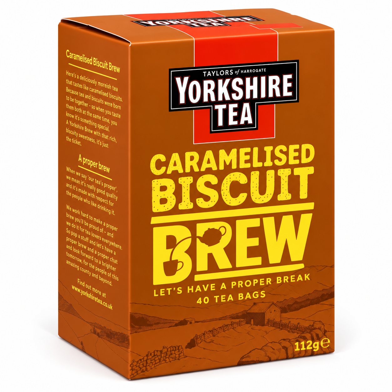 A box of Taylor's of Harrogate Yorkshire Tea Caramelised Biscuit Brew tea bags, shown at a three-quarter angle on a clean white background.