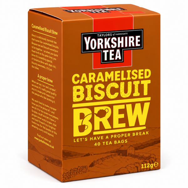 A box of Taylor's of Harrogate Yorkshire Tea Caramelised Biscuit Brew tea bags, shown at a three-quarter angle on a clean white background.
