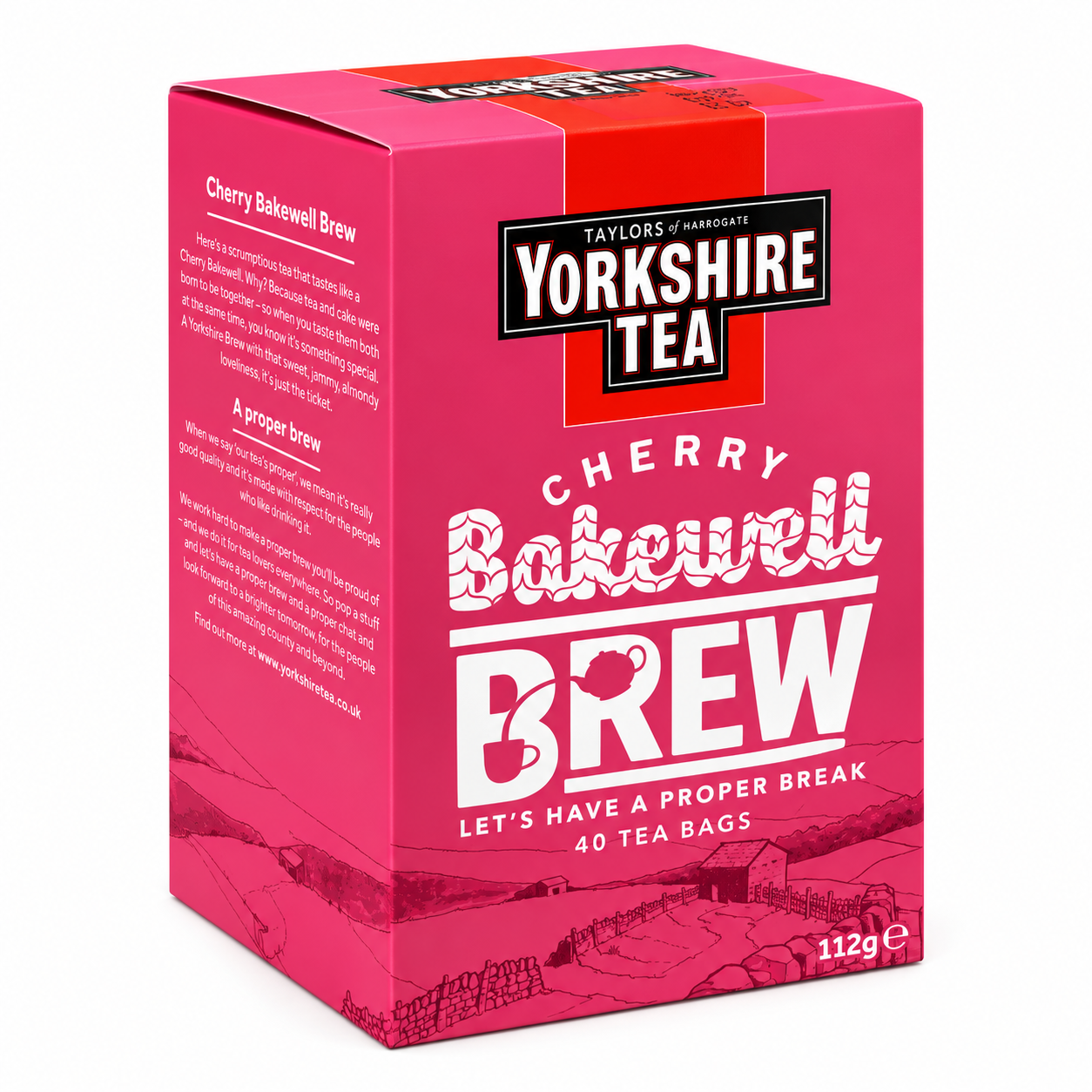 A box of Taylor's of Harrogate Yorkshire Tea Cherry Bakewell Brew tea, featuring a vibrant pink packaging design with white and black text and a small illustration of a bakery at the bottom.