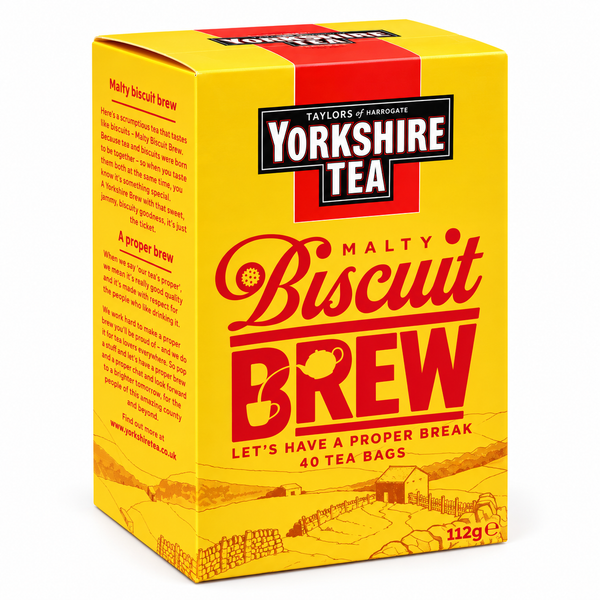 A box of Taylor's of Harrogate Yorkshire Tea Malty Biscuit Brew tea bags, featuring a bright yellow packaging design with red and black text and a small illustration of a rural scene at the bottom.