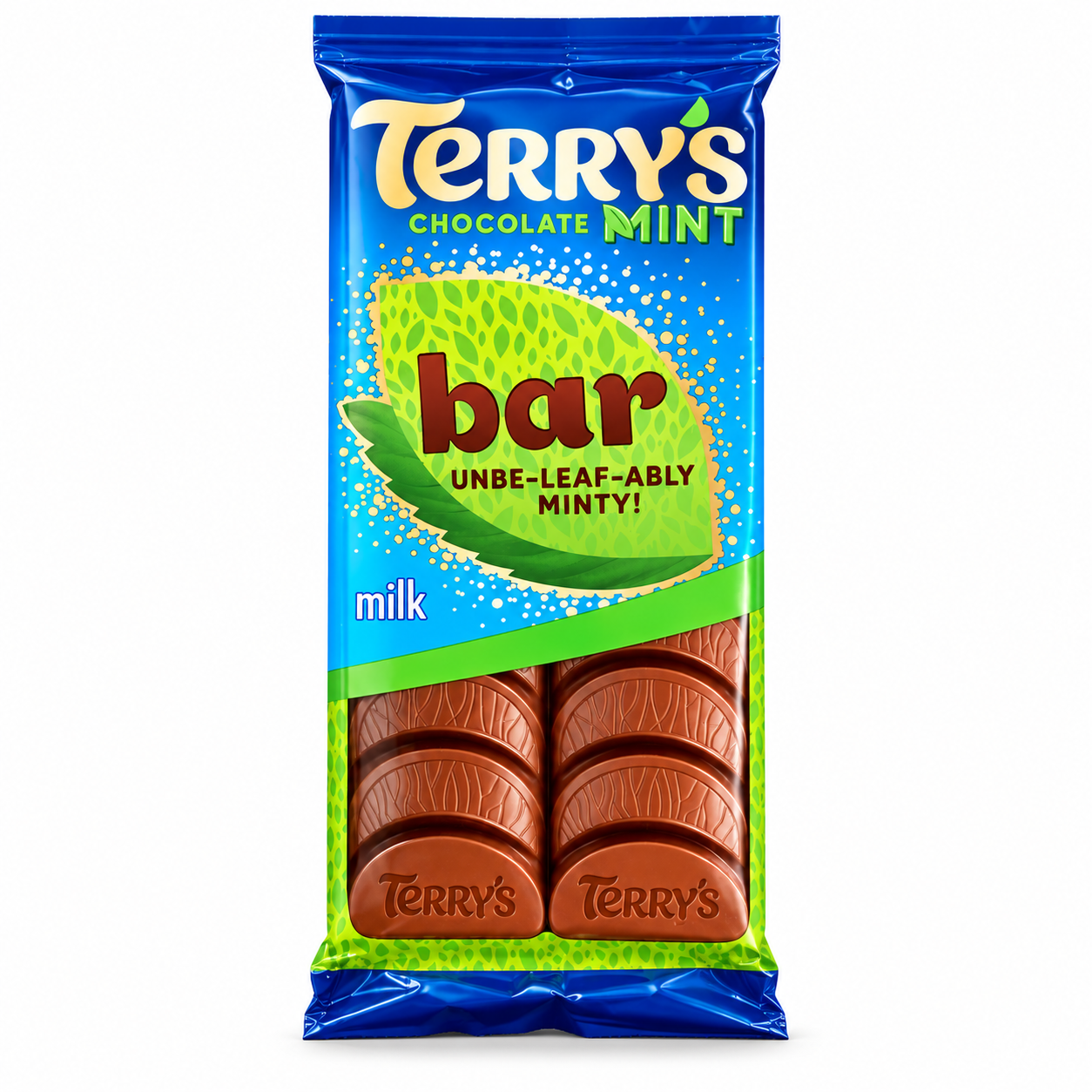 A package of Terry's Chocolate Mint milk chocolate bar, featuring a bright blue and green wrapper with a clear window showing two milk chocolate bars inside.
