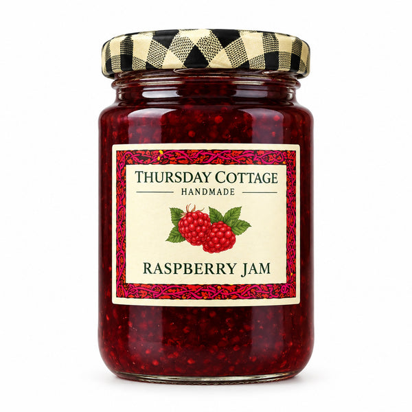 A glass jar of Thursday Cottage Handmade Raspberry Jam sits on a light beige stone countertop with a rustic wooden cabinet in the background.
