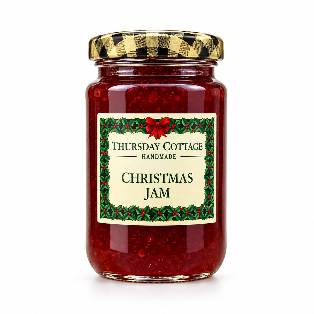A glass jar of Thursday Cottage Handmade Christmas Jam with a gold and black checkered lid, set against a plain white background.